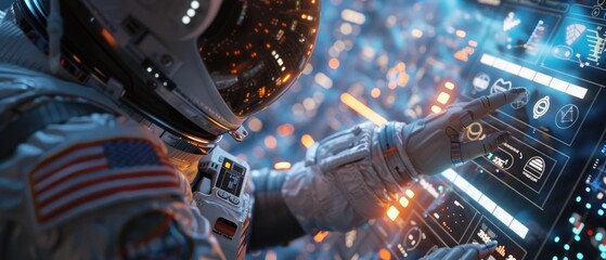 Wall Mural - a close-up shot focusing on an astronaut's hand interacting with a touch screen on the spacecraft's 