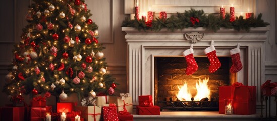 Sticker - A modern Christmas room with a blurry background featuring a decorated tree, an armchair, a fireplace with candles, and gifts, perfect for a copy space image.