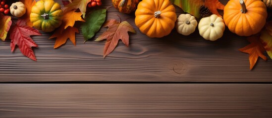 Sticker - Autumn-inspired decor with leaves, pumpkins on dark backdrop. Top view in flat lay style, featuring copy space image.