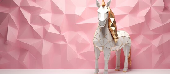 Wall Mural - Unicorn origami in pink and gold colors on a white backdrop for DIY children's craft with copy space image.