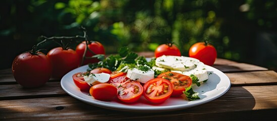 Fresh and wholesome snack comprising organic cherry tomatoes, green olives, cheddar cheese cubes, and basil leaves on a wooden kitchen table with copy space image.