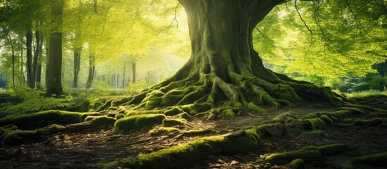 Wall Mural - sunlight filtering through the canopy of a lush green forest, illuminating the twisting roots of the