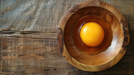 Wall Mural - Separated Fresh Chicken Egg Yolk in Bowl for Cooking Recipe Organic Yolks on Wooden Plate from Top View