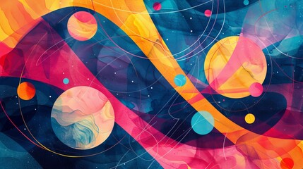 Wall Mural - Vibrant abstract space scene with colorful geometric shapes, planets, and swirling lines in a cosmic background.
