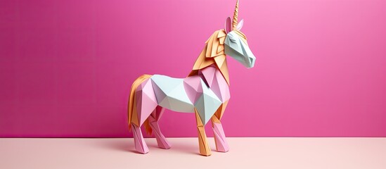 Wall Mural - A pink and gold origami unicorn art on a white background, ideal for children's DIY projects, with copy space image.