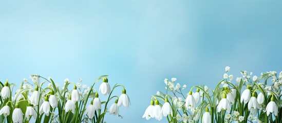 Wall Mural - flat lay creative layout with snowdrop flowers on a vivid blue backdrop, embodying a minimalist spri