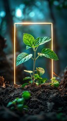 Canvas Print - Plant Growth with Neon Light Frame