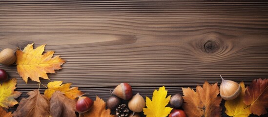 Sticker - Fall-themed arrangement featuring dried oak tree leaves, acorns, and chestnuts on a soft-hued surface. Top-down view with space for text or images. Copy space image. Place for adding text and design
