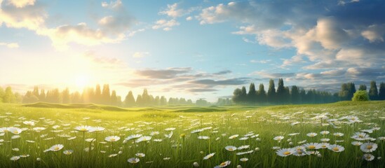 Colorful spring flowers covering a field with copy space image.