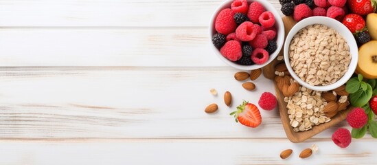 Sticker - Nutritious breakfast with oatmeal, raspberries, figs, nuts, and seeds, promoting a healthy lifestyle and diet, shown in a top view copy space image.