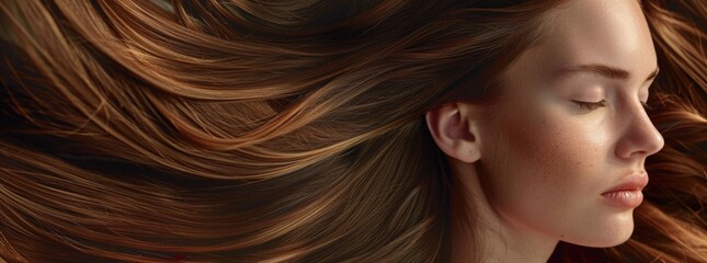 Wall Mural - Photo of a beautiful woman with long brown hair, shiny and healthy hair close up