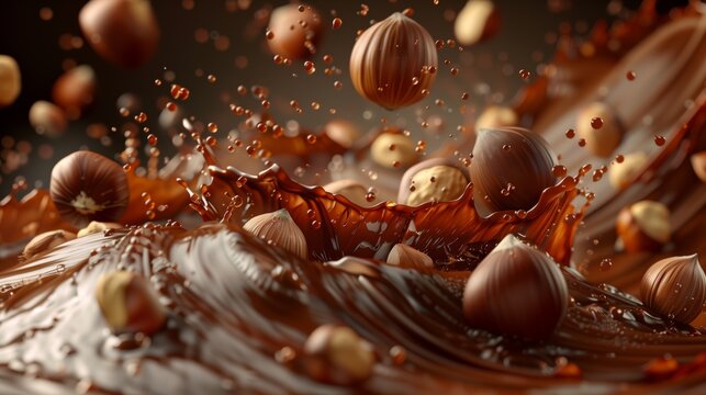Digital art of hazelnuts swimming in creamy chocolate perfect for food illustrations and dessert lovers