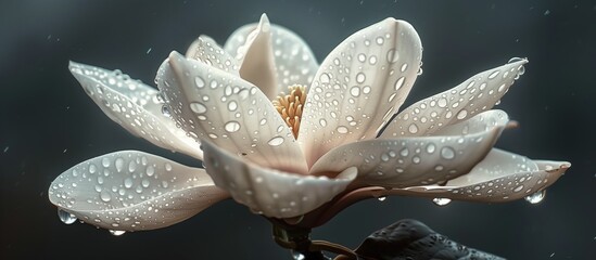 Wall Mural - Nature photography of a blooming white magnolia flower with dewdrops perfect for botanical enthusiasts