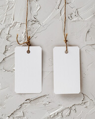 2 white blank rectangular cardboard tags hanging on strings. Isolated on plain & textured background. 