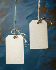 2 white blank rectangular cardboard tags hanging on strings. Isolated on plain & textured background. 