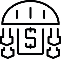 Wall Mural - Black outline vector icon illustrating financial security with a shield, dollar sign, and downward arrows
