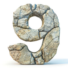 Stone Number Nine Sculpture - Cracked Rock Texture - Isolated on White Background - 3D Rendered Image of Natural Stone Art - Perfect for Design, Decoration, and Educational Purposes