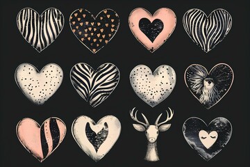 A collection of hand drawn hearts on a black background