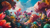 Whimsical design with quirky characters and surreal landscapes, close up, playful fantasy, vibrant, composite, animated movie backdrop