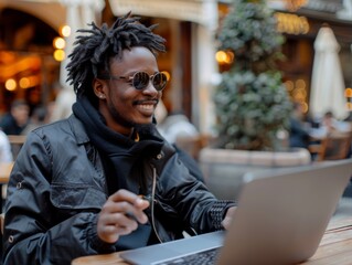 A cheerful young African American man with dreadlocks, wearing sunglasses and a black jacket, is using a laptop outdoors at a cafe.