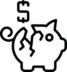Canvas Print - Black outline vector icon depicting a cracked piggy bank with a floating dollar symbol, representing financial loss