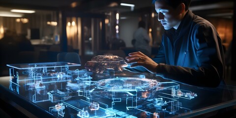 Software developer analyzing holographic interfaces using cuttingedge coding technology in dynamic setting. Concept Technology, Holographic Interfaces, Software Development, Coding Technology