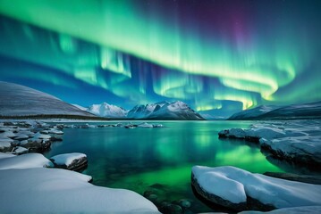 colorful polar northern lights with stars over lake and snowy mount. panoramic winter landscape back