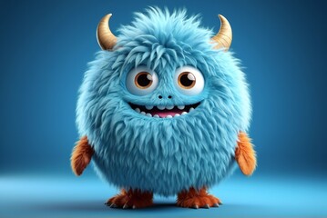 Cute fluffy blue monster isolated on clear blue background. Funny and furry little yeti. Happy monster character. Dental clinic for children concept. 