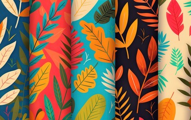 Poster - Set of bright funny seamless patterns with abstract leaves. design