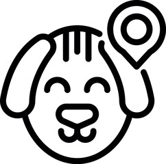 Poster - Black and white line art of a smiling dog face with a location pin above its head, symbolizing pet tracking