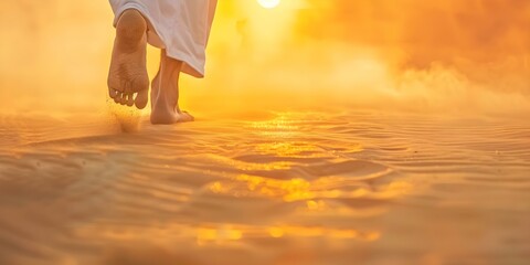 Wall Mural - Jesus Walking on Sand Towards the Rising Sun A Close-Up View. Concept Biblical, Inspirational, Religious, Sunrise, Beach