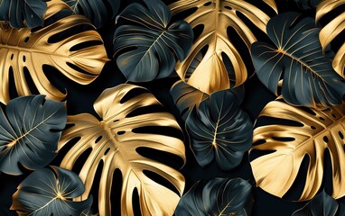 Poster - tropical leaves gold and black dark monstera palm graphic design creative nature background