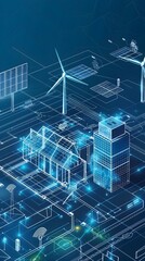 Wall Mural - of Renewable Energy Data Center Blueprint with Solar and Wind Power Sources