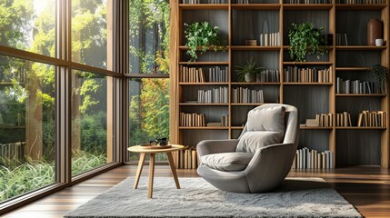 A cozy living room with a large bookshelf and a comfortable chair