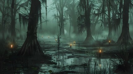 A dark, eerie swamp with twisted trees, thick fog, and glowing will-o'-wisps leading the way through the murky waters