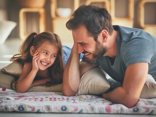 Dad and little girl together, father with daughter lying on floor, laughing together