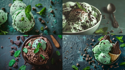 Sticker - Delicious Mint Chocolate Chip Ice Cream Scoops on a Blue Background