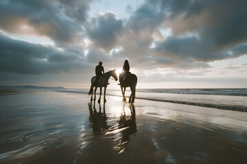 
Couple riding horses on beach, slow motion