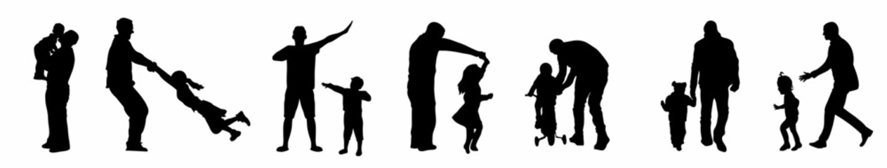 Silhouette of father, son, mother and daughter. 
Collection of happy children playing with parents. 