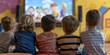 © rui - Joyful Kindergarten Kids Watching Cartoons on TV in a Colorful Classroom Setting. Happy Children Enjoying Animated Characters Together in a Playful and Bright Environment with Soft Lighting and a Wide