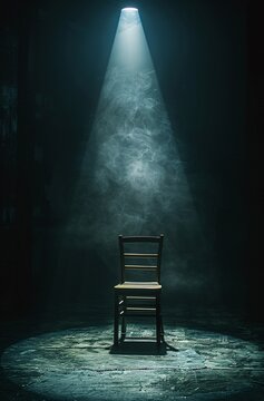 a chair in a dark room with light shining through