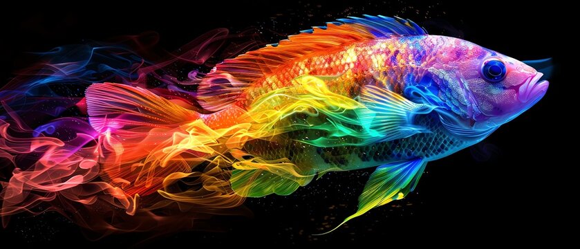 rainbow cichlid covered in rainbow fire apron, glowing rainbow cichlid in the depths, symbolizing lg