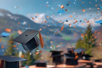Graduation Caps in Air Against Blue Sky Celebrating Academic Success