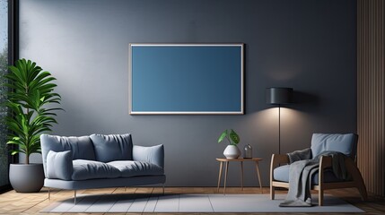 Wall Mural - Dark Living Room Interior Design With Sofa blank Picture Frame and Large Window