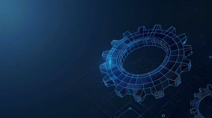Wall Mural - a vector wireframe illustration of a gear on a dark blue background. the gear's intricate design, symbolizing mechanical technology, machine engineering, and project development