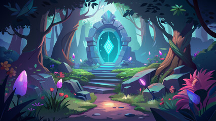 Wall Mural - Mystical Portals in Enchanted Forests Surrounded by Flora Glowing in Ethereal Light, vector graphics