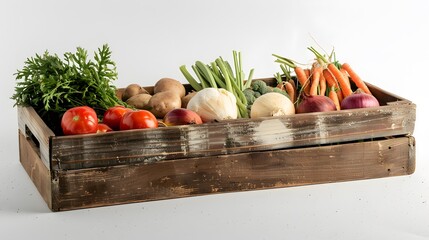 Wall Mural - Assortment of fresh vegetables in a wooden box on a white background