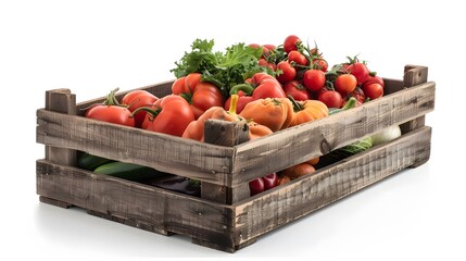 Wall Mural - Assortment of fresh vegetables in a wooden box on a white background