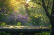 © possawat - a spring garden beautiful background with green lush young foliage and flowering branches with an empty wooden table on nature outdoors in sunlight in garden