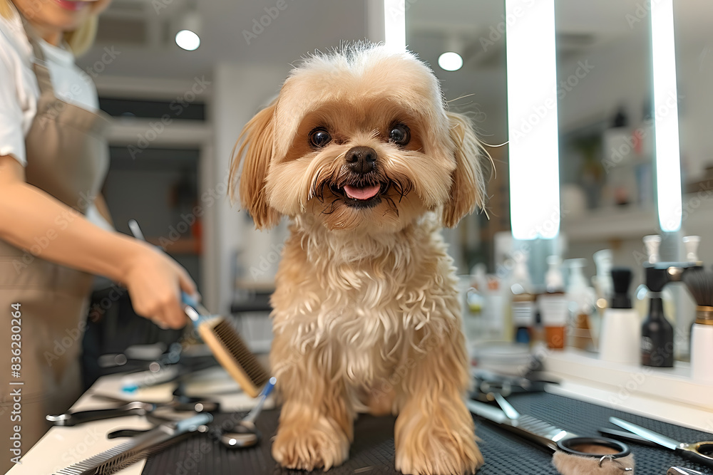 Image showcasing Groomed dog shih tzu standing on grooming table, surrounded by ...